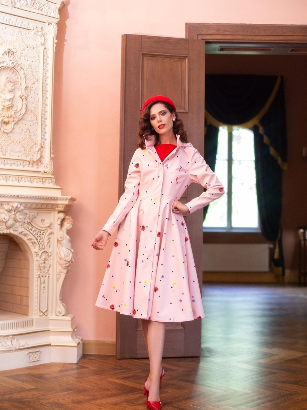 WOLF & BADGER- RAIN SISTERS Pink Floral Fit-and-Flare Trench Dress w/ Polka DotS